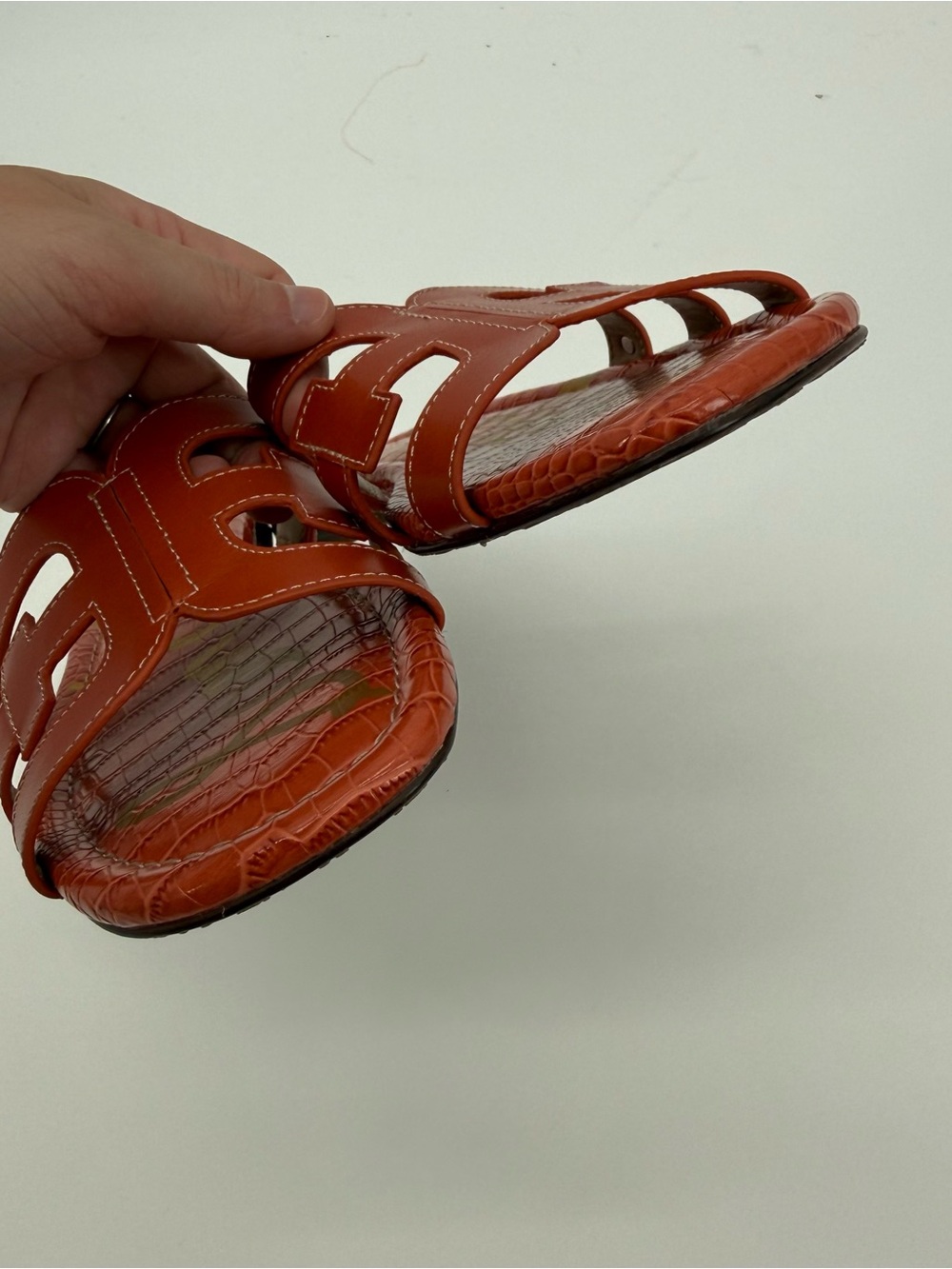 Sam Edelman Bay Slide Sandals Orange Leather Croc Size 8 Designer - Picture 7 of 11